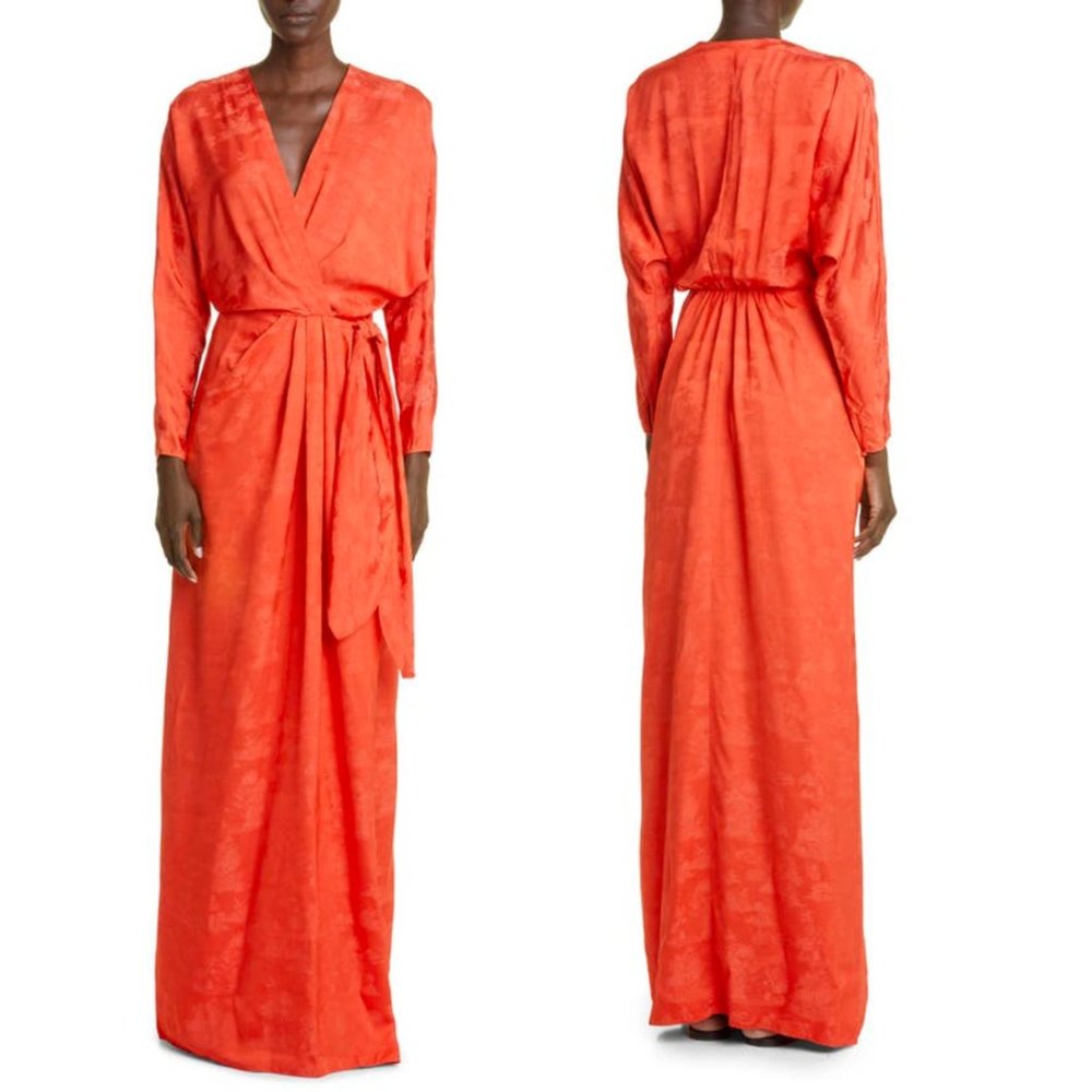 Johanna Ortiz Long Sleeve Satin Wrap Dress in Fire Red Women's 10‎